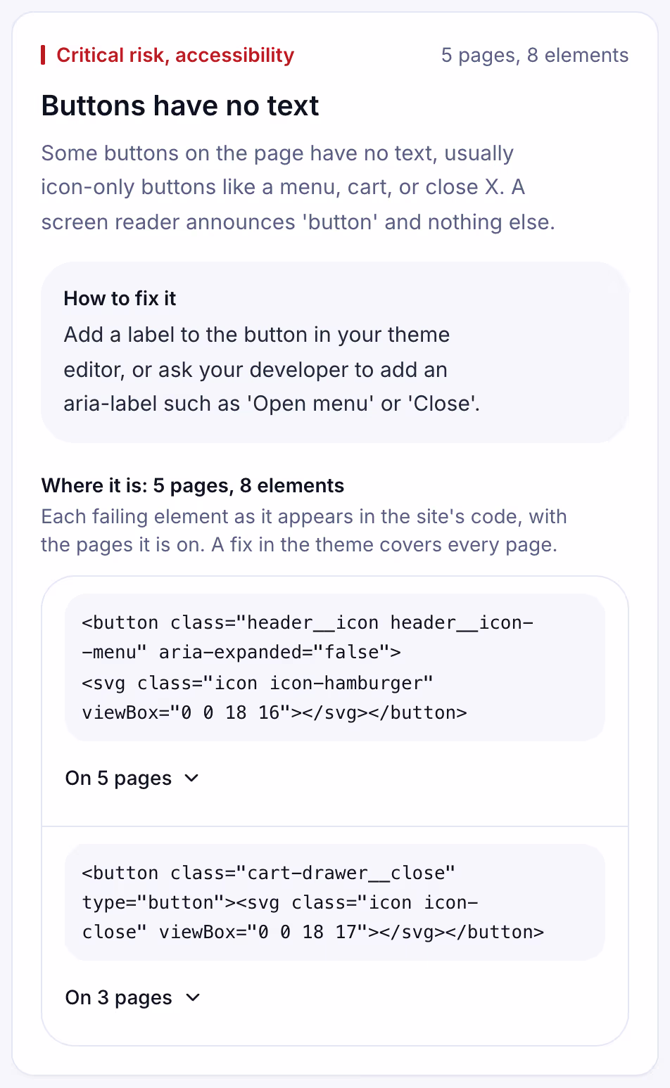 A Suitcast finding card: icon buttons with no text on five pages of a store, with the failing HTML, sample data