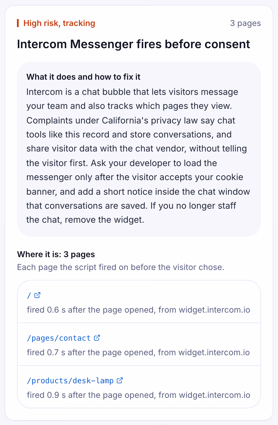 A Suitcast finding card: Intercom Messenger fired 0.6 seconds after the page opened, before any consent choice, sample data