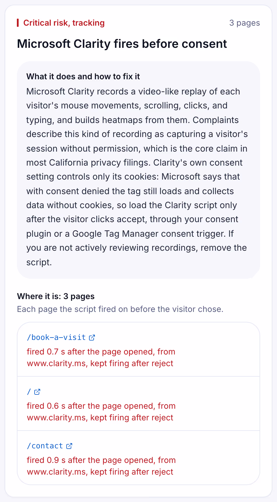 A Suitcast finding card: Microsoft Clarity fired before consent on three pages and kept firing after reject, sample data