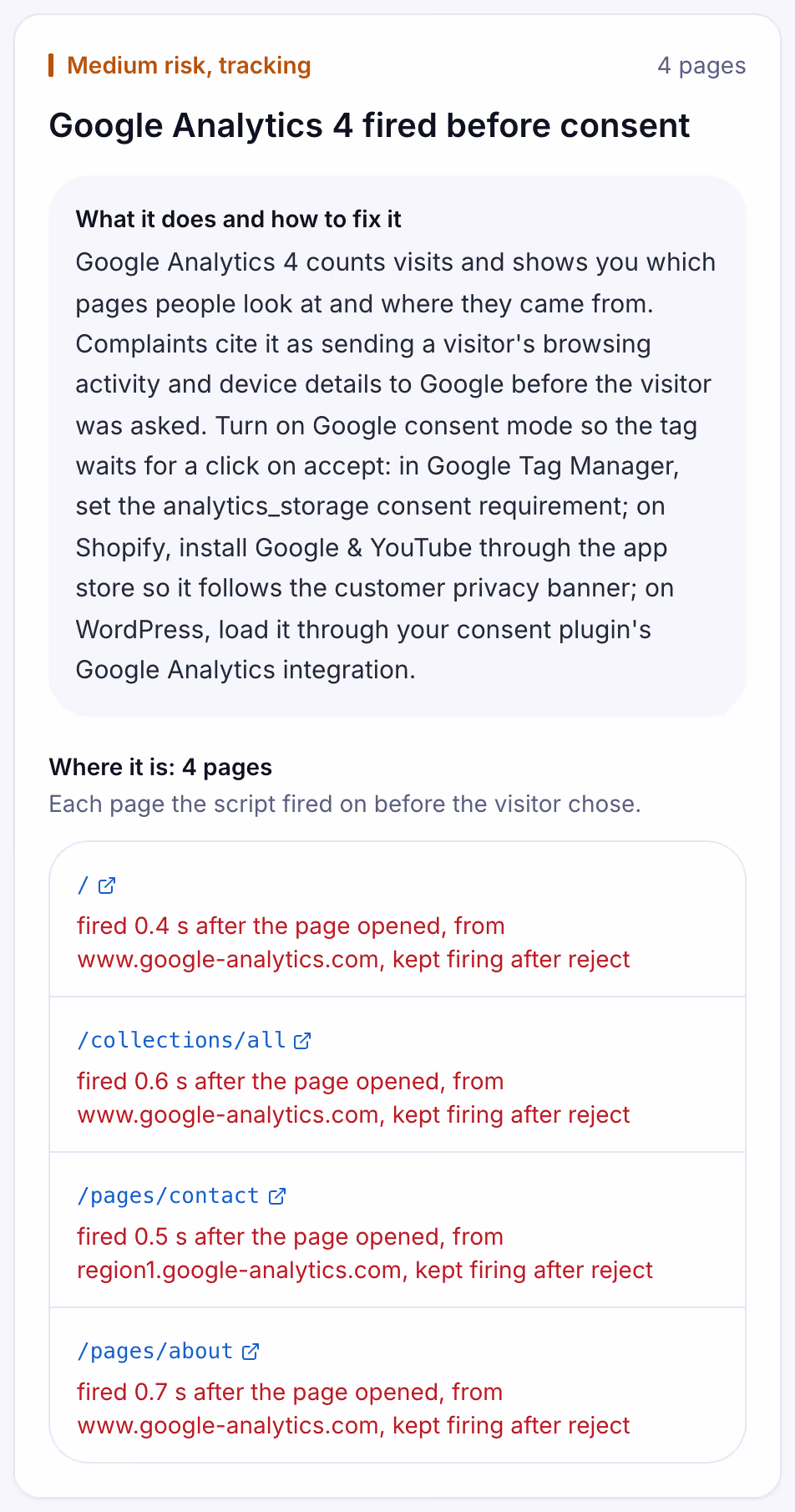 A Suitcast finding card: Google Analytics 4 fired 0.4 seconds after the page opened and kept firing after reject