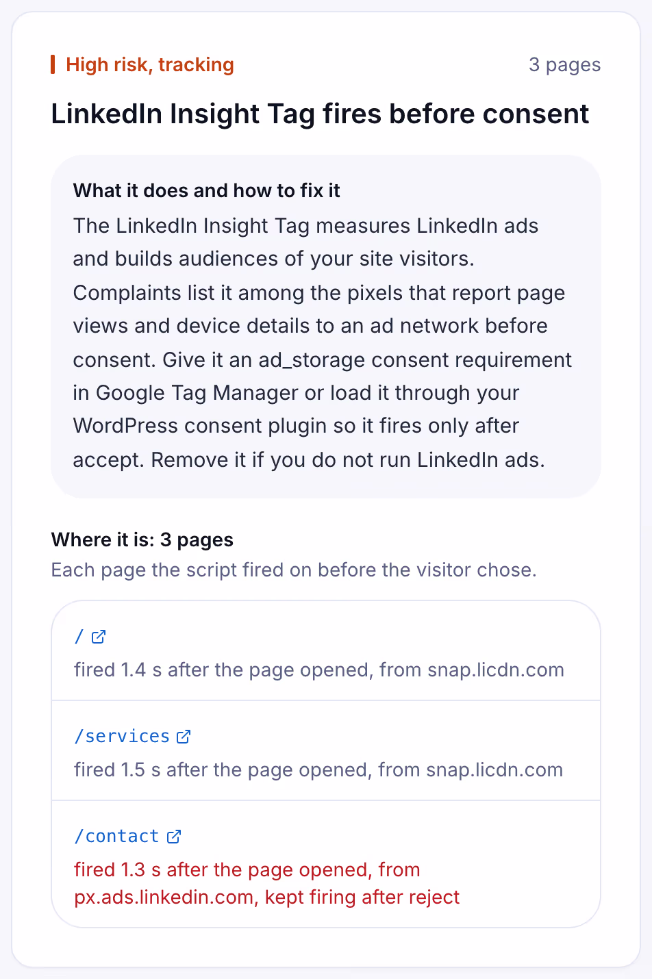 A Suitcast finding card: LinkedIn Insight Tag fired before consent on three pages of a law firm site, sample data