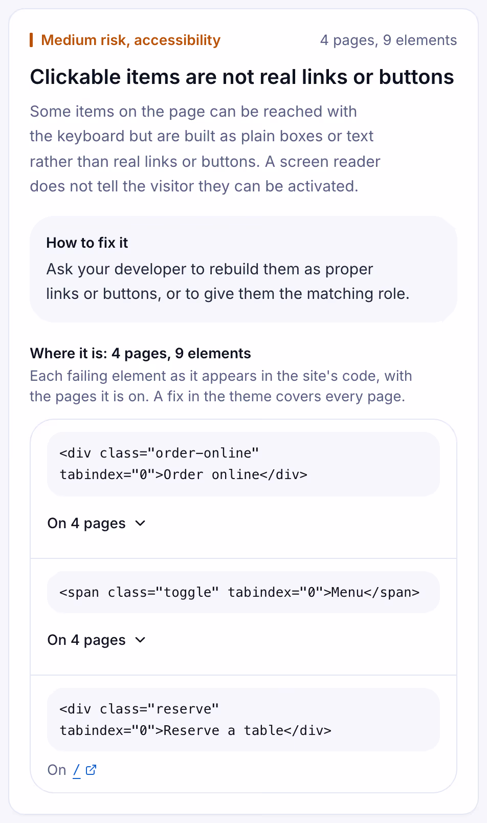 A Suitcast finding card: clickable items that are not real links or buttons on four pages of a restaurant site, sample data