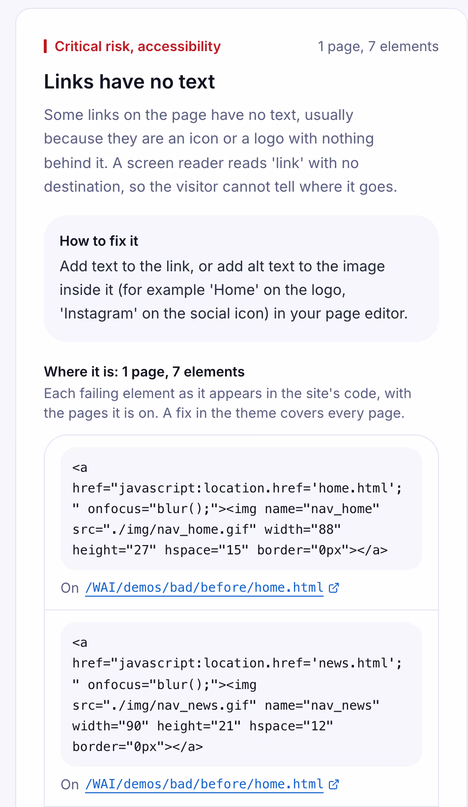 A Suitcast finding card: links with no text on the W3C demo page, with the failing HTML and the page it is on