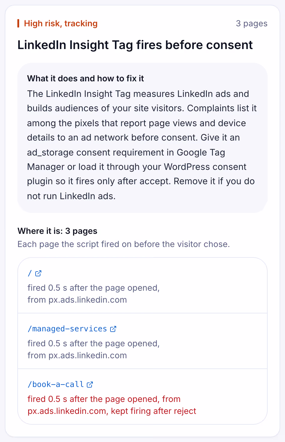 A Suitcast finding card: LinkedIn Insight Tag fired before consent on three pages of an IT firm site, sample data