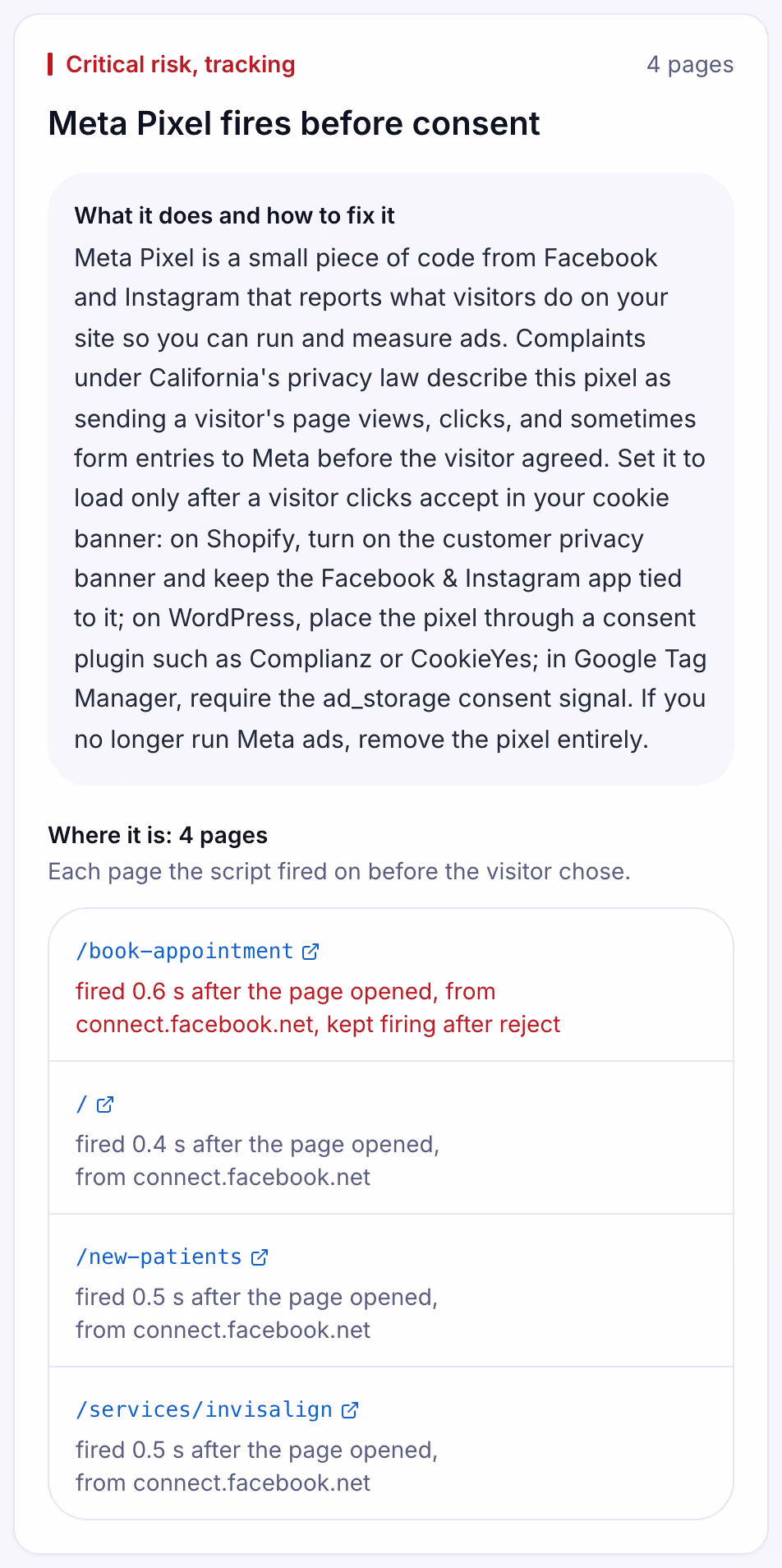 A Suitcast finding card: Meta Pixel fired before consent on four pages of a dental site, one after reject, sample data