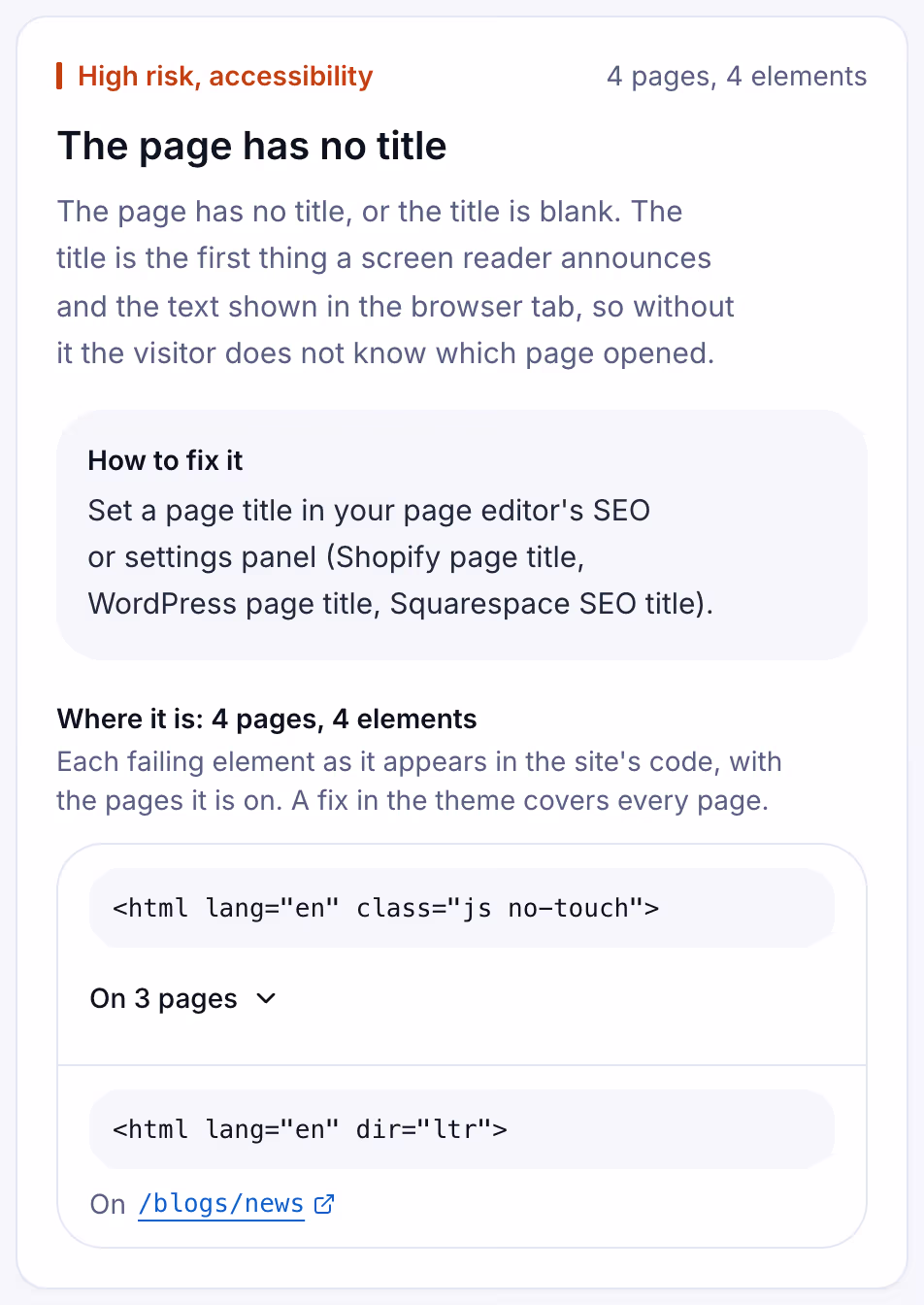 A Suitcast finding card: the page has no title on four pages of a store, with the failing HTML, sample data