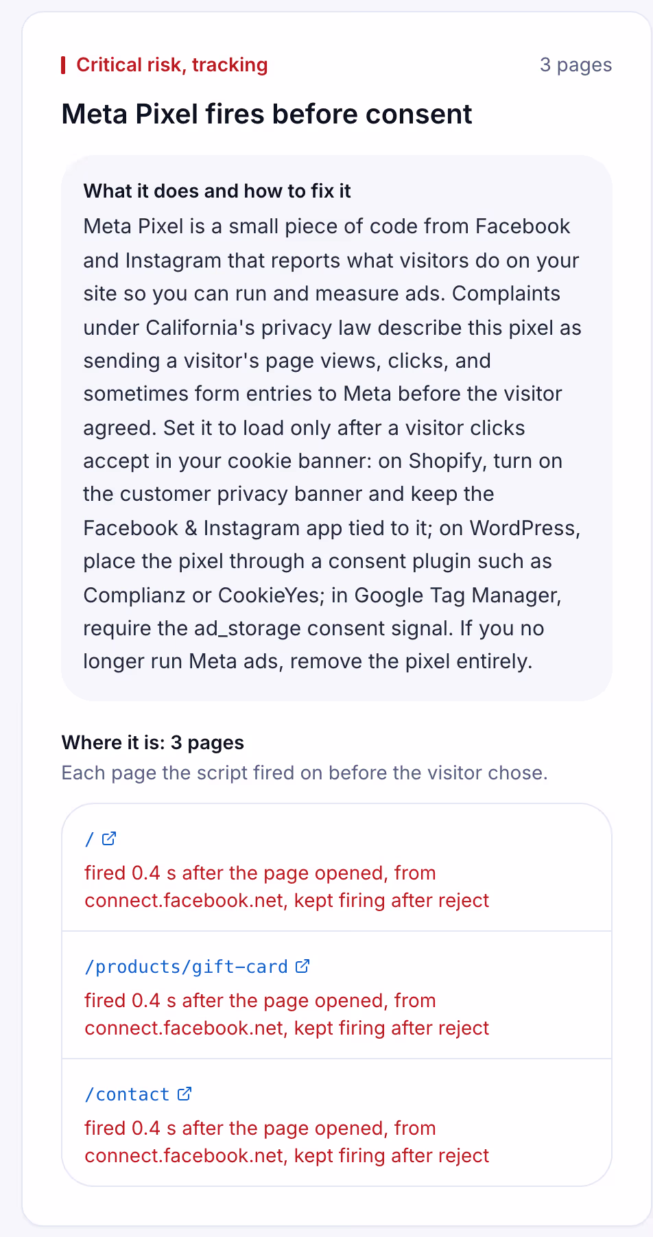 A Suitcast finding card: Meta Pixel fired before consent on three pages and kept firing after reject, sample data