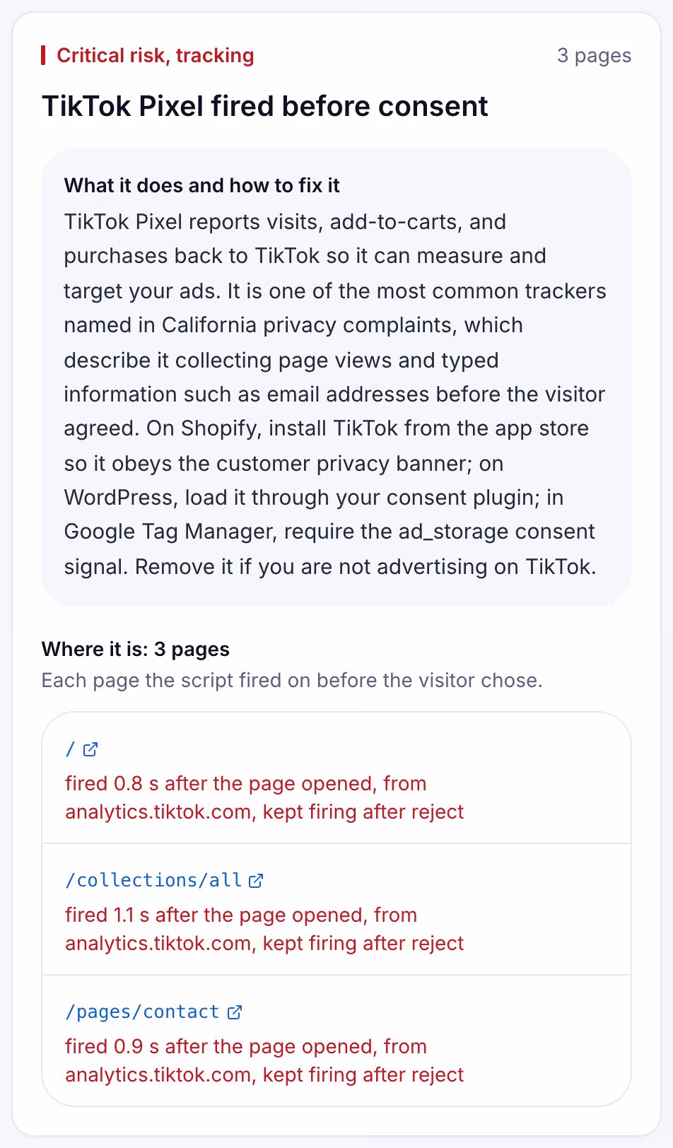 A Suitcast finding card: TikTok Pixel fired 0.8 seconds after the page opened, before any consent choice, sample data