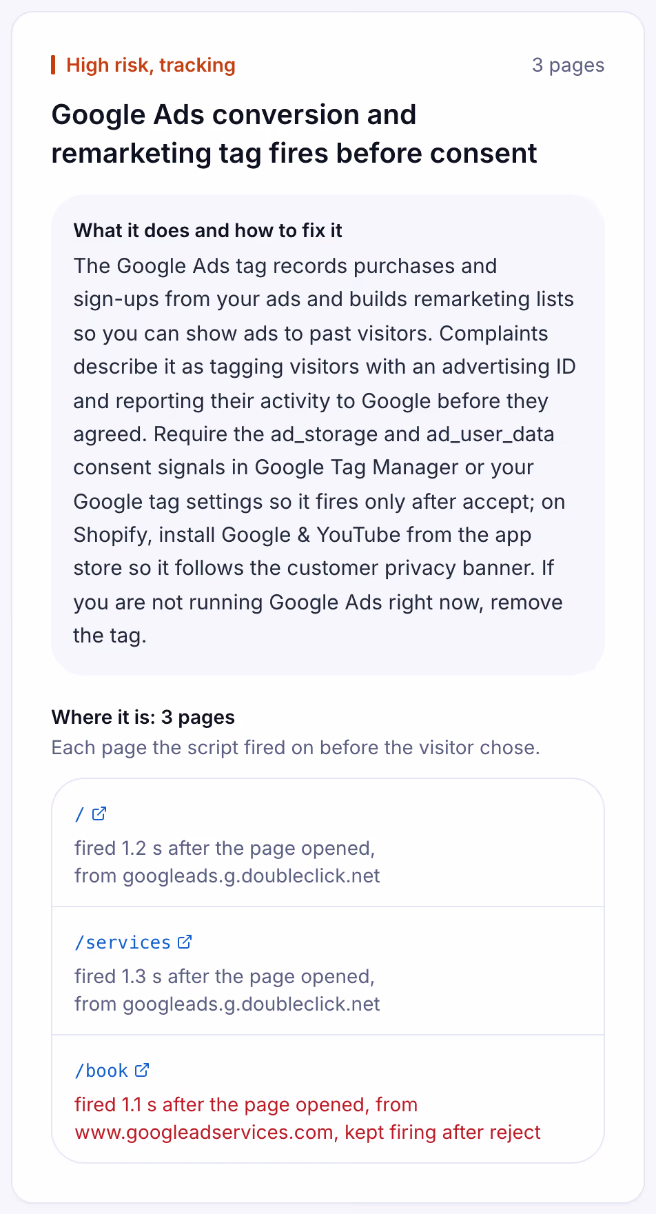 A Suitcast finding card: the Google Ads tag fired before consent on three pages of a dental site, sample data