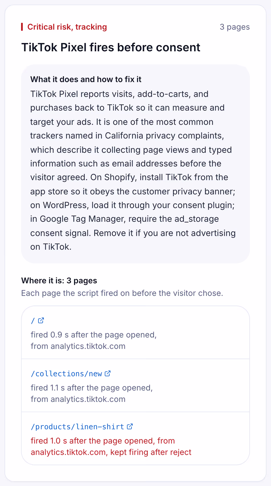 A Suitcast finding card: TikTok Pixel fired before consent on three pages of a store, one after reject, sample data